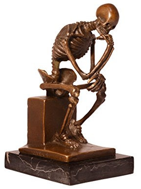 Decoratie Bronzefigur Skulptur Motiv: Skelett sitzend nachdenklich auf Marmorsockel Bronze Höhe 14,5 cm
