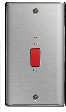BG Nexus NBS Range Brushed Steel Switches & Sockets - Full Range of Matching Items (45 amp Tall Double Pole Switch with Neon)