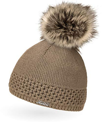 Neverless® gefütterterte Damen Strickmütze mit Fell-Bommel, Kunstfell, Winter-Mütze, Bommelmütze, braun Unisize