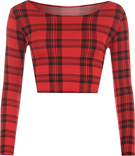 WearAll - Damen Aztek Tier Leopard Langarm Crop top - Rot Tartan - 36-38