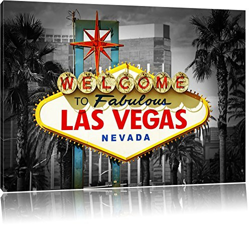 Pixxprint Ortseingangsschild Las Vegas B&W, Größe: 120x80cm, Leinwandbild, fertig gespannt, Wandbild, Dekoration, Kunstdruck, kein Poster