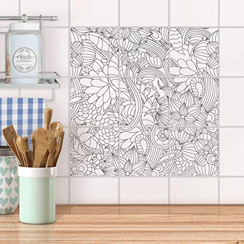 Fliesenposter für Bad und Küche I Fliesen Aufkleber Folie selbstklebend I Fliesen verschönern - Fliesendeko für Küchen- und Badfliesen I Design: Flower Lines 2