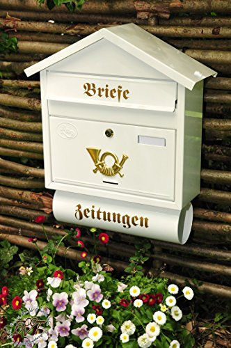 BTV NEU Briefkasten S XXL weiß + golden Posthorn mit Zeitungsrolle fertig montiert Postkasten Post