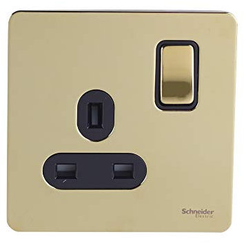 Schneider Electric Ultimate Screwless Flat Plate - Single Switched Power Socket, Double Pole, 13A, GU3410DBPB, Polished Brass with Black Insert, 1 Gang