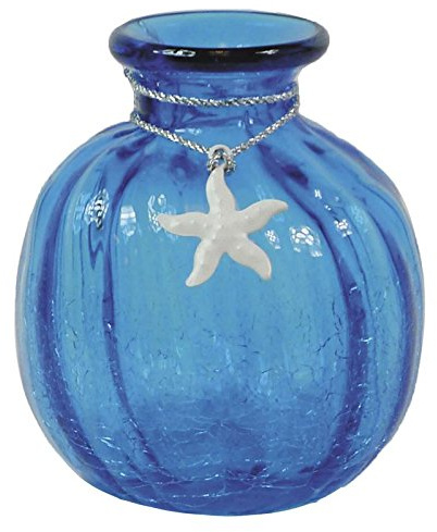 AUBRY GASPARD - Vase en Verre Teinté Bleu - Effet Craquelé - Décoration Cordelette Argentée avec Étoile de Mer - Dimensions Ø 12 x H 14 cm - Design Élégant pour Intérieur - Léger et Raffiné