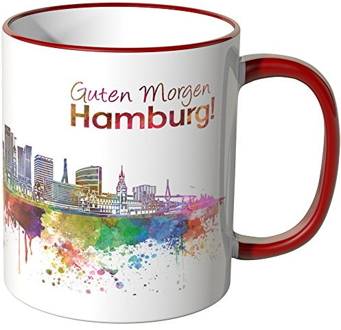 WANDKINGS® Tasse, Schriftzug Guten Morgen Hamburg! mit Skyline - ROT