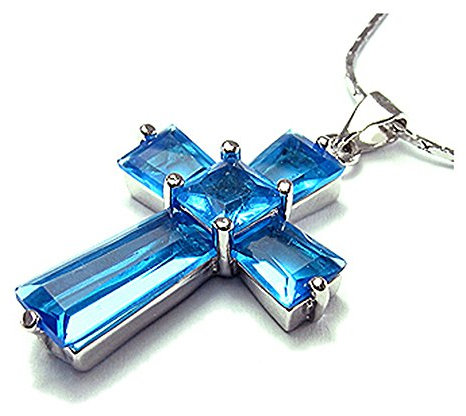 Rizilia Kruzifix Kreuz Anhänger mit 45cm(18) Kette & Trapez Quadrat Schnitt Edelstein Zirkonia CZ [Aquamarin] in 18K Weißgold Vergoldet, Einfache Moderne Eleganz