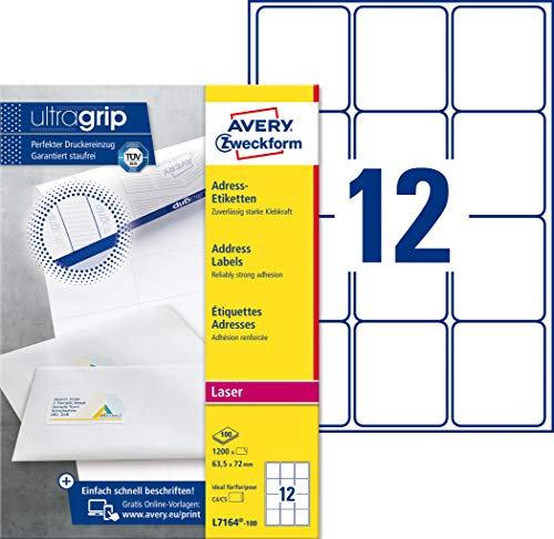 AVERY Zweckform L7164-100 Adressetiketten/Adressaufkleber (1.200 Etiketten mit ultragrip, 63,5x72mm auf A4, bedruckbar, selbstklebend, für DIN C4/C5 Briefkuverts, Papier matt) 100 Blatt, weiß