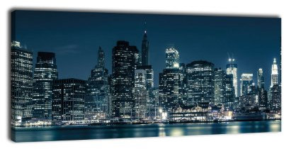 wandmotiv24 Leinwandbild Panorama Nr. 226 NY City 100x40cm, Keilrahmenbild, Bild auf Leinwand, New York Nacht Skyline