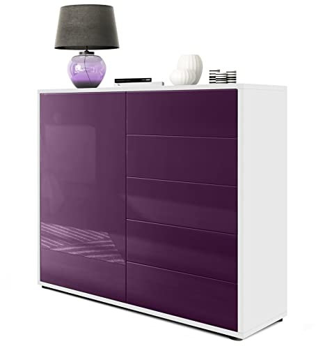 Vladon Sideboard Ben V2, Made in Germany, Kommode mit 1 Tür und 5 Schubladen, Weiß matt/Brombeer Hochglanz (79 x 74 x 36 cm)