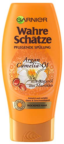 GARNIER Wahre Schätze Spülung/Conditioner für intensive Haarpflege/Für mehr Geschmeidigkeit (mit Arganöl & Cameliaöl - für trockenes Haar - ohne Parabene) 1 x 200ml
