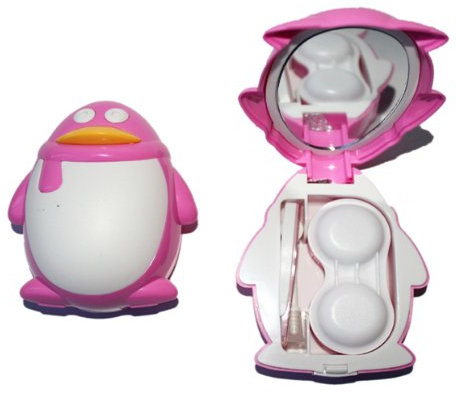Kontaktlinsenbehälter Aufbewahrungsbehälter Etui Set Spiegel süße Pinguin Pink