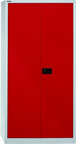 BISLEY Flügeltürenschrank Universal, 4 verzinkte Fachböden, 5 OH, Metall, 506 Korpus Lichtgrau, Fronten Kardinalrot, 50 x 91.4 x 195 cm