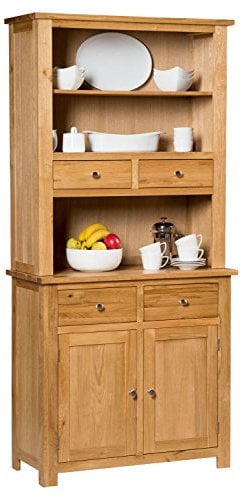 Hallowood Furniture Waverly Small Display Cabinet, Solid Wooden Dresser, Sideboard with Top, Light Oak Display Cabinet with 4 Drawers and Storage Cupboard for Kitchen and Living Room