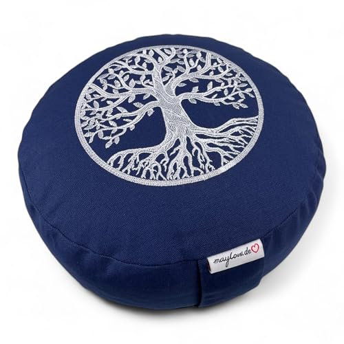maylow Yoga mit Herz Yogakissen Meditationskissen Baum des Lebens H:15cm mit Bio-Dinkelspelz gefüllt 100% Baumwolle waschbarer Bezug personalisierbar (blau, 15)