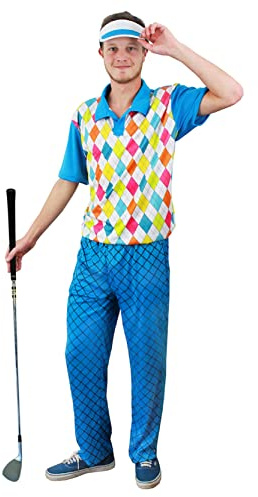 Golfdräkt för män – XLarge – tjusig klänning blå topp i argyll stil + byxor + blått visir – perfekt för pub golf, golfklubba, idrottsevenemang och andra maskeradevenemang