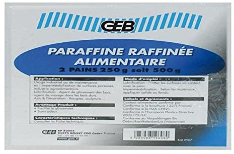 GEB Paraffine contact alimentaire, imperméabilisation de surfaces poreuses, lubrifiant, arts et décoration. Sans odeur - Paquet de 500 g (2 x 250 g)