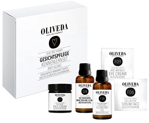 Oliveda Gesichtspflege Kennenlern-Set - Naturkosmetik mit Gesichtsserum, Gesichtscreme, Augencreme, Reinigungsgel und Mundziehöl