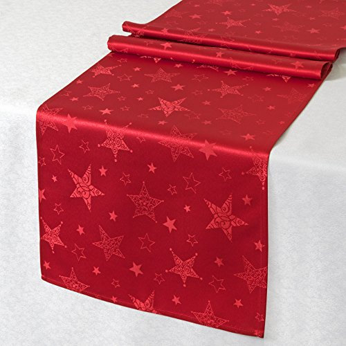 KAMACA Lotus Effekt Tischdecke Magic Stars mit Sternen Motiv - mit FLECKSCHUTZ - Flüssigkeiten perlen einfach ab Winter Weihnachten (Tischläufer 40x140 cm, Rot)