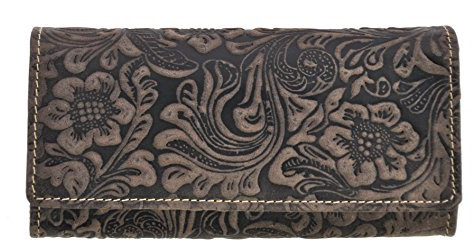 Jockey Club Damen Geldbörse aus echtem Leder – RFID-Schutz, Vintage-Design mit Blüten-Prägung, XL-Münzfach, 12 Kartenfächer, hochwertig & langlebig, braun
