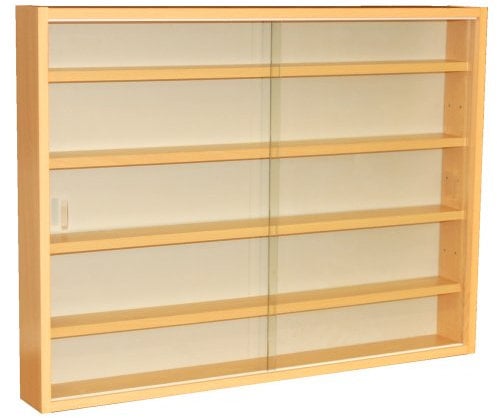 WATSONS REVEAL 4-Shelf Glass Wall-Mounted Display Cabinet – Adjustable Shelves, Sliding Glass Doors, Beech Finish – Ideal for Collectibles, Model Cars, and Ornaments