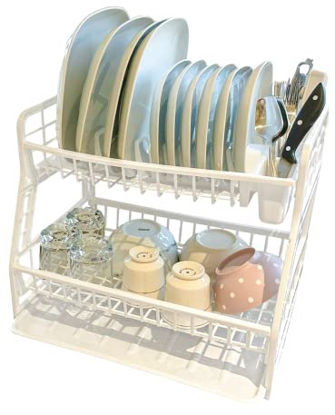SAFRI 2-Tier Plastic Plate Dish Drainer Rack Glasses Crockery Cutlery Utensil Drainer with Drip Removable Tray (White)