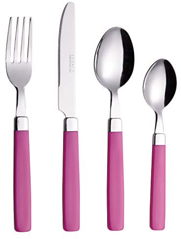EXZACT Cubertería de 16 Piezas - Acero Inoxidable con Mangos de Colores, Apta para Lavavajillas - Rosado