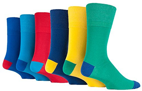 6 Pairs Mens Colourful Yellow Green Blue Gentle Grip Cotton Socks, UK Size 6-11