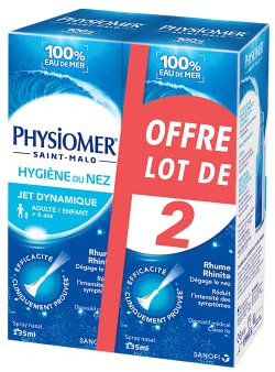 Physiomer Jet Dynamique – Hygiène du nez – Dispositif médical– Spray nasal 100% Eau de mer à partir de 6 ans – Dégage le nez – Facilite l’élimination du mucus - Lot de 2-135 ml