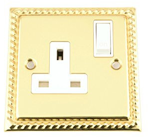 Socket 1 Gang - Polished Brass Georgian - White Insert Plastic Switch - 13A Single Wall Plug Socket