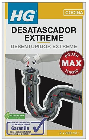 HG Desatascador Extreme para Desagües, Desbloqueador Potente para Fregaderos de Cocina y Baños, Limpiador de Tuberías, Líquido para Desagües y Desatascador de Pelo - 2x 250ml