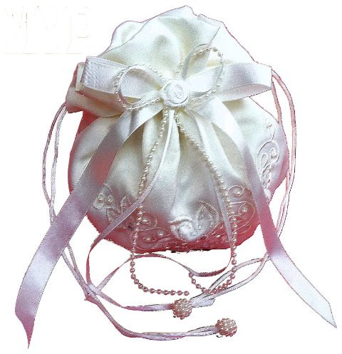 LadyMYP© Romantischer Brautbeutel, Brauttasche mit Blüten, Perlen und Strass, weiß/creme(ivory, Elfenbein) (Weiß)