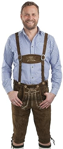 Läderbyxor för män, knäband – folkdräkts-läderbyxor, humle och malt – äkta läder, Oktoberfest, knäbundna läderbyxor inkl. Hängslen, BRUN