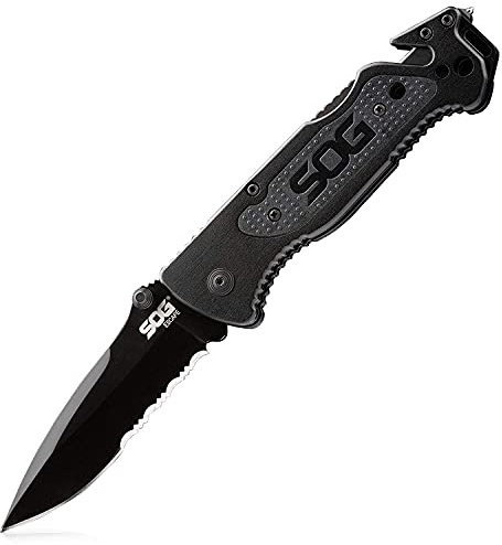SOG Escape Tactical Folding Knife- 3.4 Inch Serrated Edge Blade Emergency Pocket Knife with Glass Breaker, Wire Stripper and Line Cutter Blades-Black (FF25-CP)