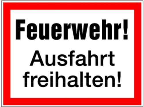 LEMAX® Feuerwehrschild, Feuerwehr! Ausfahrt freihalten! - angelehnt an DIN 4066 Alu geprägt weiß/schwarz/Randfarbe: rot 400x300mm