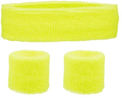 Schweissband und Stirnband Set – Schweißband Neon für 80er Jahre Outfit Damen - Neon Accessoires für Fun Runs Team Building Events Pride Partys Gymnastik Sport Tennis – Stirnband 80er Jahre (Gelb)