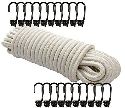 Dreamprint Expanderseil 8mm Weiß 20m Seil Spannseil Planenseil Gummileine elastisches Gummiseil für Anhängerplane mit 20 Spiralhaken ø 8 mm