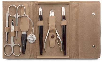 nippes Solingen Premium Line Manicure Set Gap, 7 Pieces, Cowhide Leather Case with Press Closure, Contrast Stripes, Nail Care Set, Pedicure Manicure, Made in Germany