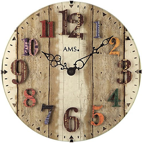 AMS W9423 Quarz-Wanduhr, Holz, Mehrfarbig, 32 x 32 x 7 cm