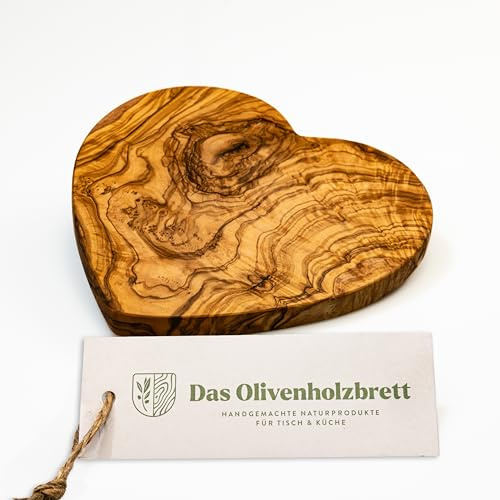 DAS OLIVENHOLZBRETT® Schneidebrett in Herzform 20cm / Herzbrett/Frühstücksbrettchen/Herz Holzbrett/Schneidebrett/Dekobrett mit feiner Maserung/Unikat