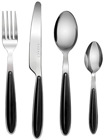EXZACT Cutlery Set of 16, Stainless Steel with Color Handles - 4 Forks, 4 Dinner Knives, 4 Dinner Spoons, 4 Teaspoons - EX07 (Black x 16)