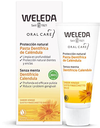 Weleda Dentifricio Calendula, dentifricio senza fluoro a base di estratto di calendula bio che lenisce e mantiene sano il cavo orale, aroma di finocchietto dolce (1x75 ml)