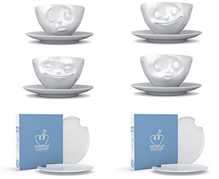 Fiftyeight 4er Tassen-Set GRINSEND & KÜSSEND & GLÜCKLICH & Och Bitte + 4 Kuchenteller mit Biss/weiß