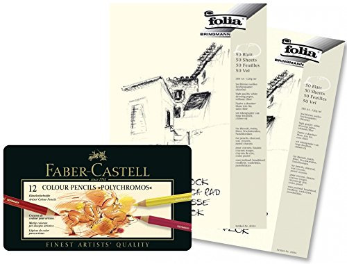 Faber-Castell 110012 - Künstlerfarbstift POLYCHROMOS, 12er Metalletui Set mit 2 Skizzenblöcken A4