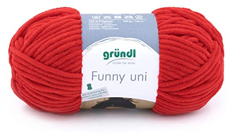 Gründl Wolle Funny Uni - weiche Chenille Wolle zum Häkeln - Kuschelig und hautfreundlich - 100% Polyester - 1 Knäuel 100 g / 120 m - Nadelstärke 5-6 - kirschrot