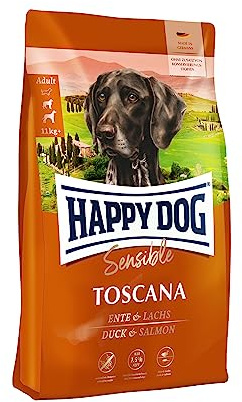 Happy Dog Supreme Sensible Toscana 12,5 kg | Für ausgewachsene Hunde ab 11 kg, weizenfrei, nur 7,5 % Fett, auch für kastrierte & ruhigere Hunde, mit Ente & Lachs