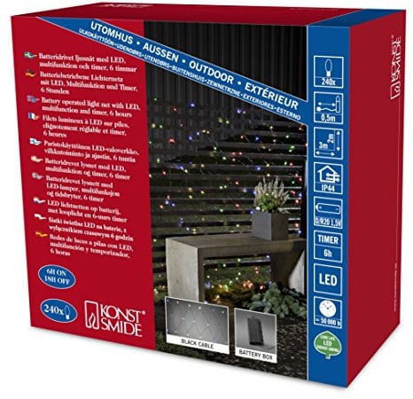 Konstsmide LED Lichternetz, mit 6h Timer und Multifunktion, 240 bunten Dioden, batteriebetrieben, Außen (IP44), schwarzes Kabel, 4 x D 1.5V (exkl.) - 3726-500