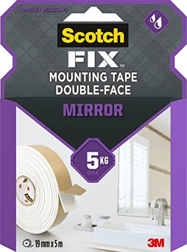 Scotch-Fix Ruban de Montage Double-Face pour Miroirs - 1 Rouleau, 19 mm x 5 m - Intérieur, Salles de Bain, Cuisines - Céramique, Bois, Métal, Verre, Murs Peints - Sans Outils - Supporte jusqu'à 5 kg