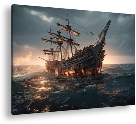 Leinwandbild Ein großes Segelschiff segelt in die mondhelle Nacht Format: 80x60 cm XXL Kunstdruck Bild auf Keilrahmen/Wandbild/Wohnzimmer Deko