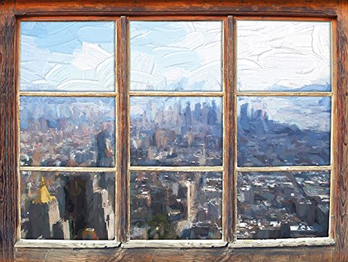 Stil.Zeit New York City Panorama Kunst Pinsel Effekt Fenster im 3D-Look, Wand- oder Türaufkleber Format: 62x42cm, Wandsticker, Wandtattoo, Wanddekoration